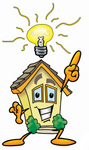 Clip Art Graphic of a Yellow Residential House Cartoon Character With a Bright Idea