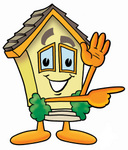 Clip Art Graphic of a Yellow Residential House Cartoon Character Waving and Pointing