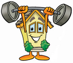 Clip Art Graphic of a Yellow Residential House Cartoon Character Holding a Heavy Barbell Above His Head