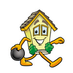Clip Art Graphic of a Yellow Residential House Cartoon Character Holding a Bowling Ball