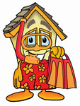 Clip Art Graphic of a Yellow Residential House Cartoon Character in Orange and Red Snorkel Gear