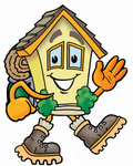 Clip Art Graphic of a Yellow Residential House Cartoon Character Hiking and Carrying a Backpack