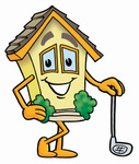 Clip Art Graphic of a Yellow Residential House Cartoon Character Leaning on a Golf Club While Golfing