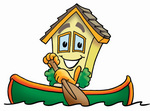 Clip Art Graphic of a Yellow Residential House Cartoon Character Rowing a Boat