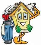 Clip Art Graphic of a Yellow Residential House Cartoon Character Swinging His Golf Club While Golfing