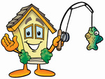 Clip Art Graphic of a Yellow Residential House Cartoon Character Holding a Fish on a Fishing Pole