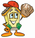 Clip Art Graphic of a Yellow Residential House Cartoon Character Catching a Baseball With a Glove