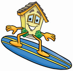 Clip Art Graphic of a Yellow Residential House Cartoon Character Surfing on a Blue and Yellow Surfboard