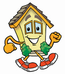 Clip Art Graphic of a Yellow Residential House Cartoon Character Walking