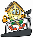 Clip Art Graphic of a Yellow Residential House Cartoon Character Walking on a Treadmill in a Fitness Gym