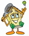 Clip Art Graphic of a Yellow Residential House Cartoon Character Preparing to Hit a Tennis Ball