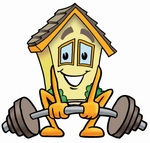 Clip Art Graphic of a Yellow Residential House Cartoon Character Lifting a Heavy Barbell