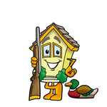 Clip Art Graphic of a Yellow Residential House Cartoon Character Duck Hunting, Standing With a Rifle and Duck