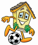 Clip Art Graphic of a Yellow Residential House Cartoon Character Kicking a Soccer Ball