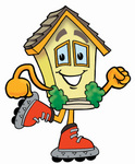 Clip Art Graphic of a Yellow Residential House Cartoon Character Roller Blading on Inline Skates