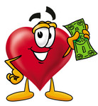 Clip Art Graphic of a Red Love Heart Cartoon Character Holding a Dollar Bill