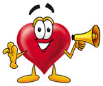 Clip Art Graphic of a Red Love Heart Cartoon Character Holding a Megaphone