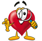 Clip Art Graphic of a Red Love Heart Cartoon Character Looking Through a Magnifying Glass