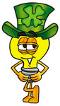 Clip Art Graphic of a Yellow Electric Lightbulb Cartoon Character Wearing a Saint Patricks Day Hat With a Clover on it