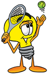 Clip Art Graphic of a Yellow Electric Lightbulb Cartoon Character Preparing to Hit a Tennis Ball
