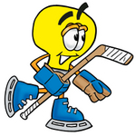 Clip Art Graphic of a Yellow Electric Lightbulb Cartoon Character Playing Ice Hockey