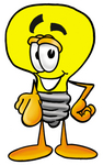 Clip Art Graphic of a Yellow Electric Lightbulb Cartoon Character Pointing at the Viewer