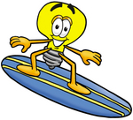 Clip Art Graphic of a Yellow Electric Lightbulb Cartoon Character Surfing on a Blue and Yellow Surfboard