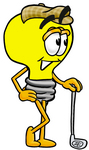 Clip Art Graphic of a Yellow Electric Lightbulb Cartoon Character Leaning on a Golf Club While Golfing