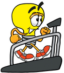 Clip Art Graphic of a Yellow Electric Lightbulb Cartoon Character Walking on a Treadmill in a Fitness Gym