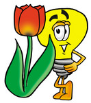 Clip Art Graphic of a Yellow Electric Lightbulb Cartoon Character With a Red Tulip Flower in the Spring