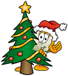 Clip Art Graphic of a White Electrical Light Switch Cartoon Character Waving and Standing by a Decorated Christmas Tree