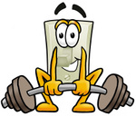 Clip Art Graphic of a White Electrical Light Switch Cartoon Character Lifting a Heavy Barbell