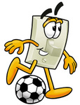 Clip Art Graphic of a White Electrical Light Switch Cartoon Character Kicking a Soccer Ball