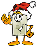 Clip Art Graphic of a White Electrical Light Switch Cartoon Character Wearing a Santa Hat and Waving