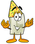 Clip Art Graphic of a White Electrical Light Switch Cartoon Character Wearing a Birthday Party Hat