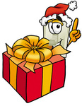 Clip Art Graphic of a White Electrical Light Switch Cartoon Character Standing by a Christmas Present