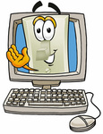 Clip Art Graphic of a White Electrical Light Switch Cartoon Character Waving From Inside a Computer Screen