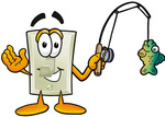 Clip Art Graphic of a White Electrical Light Switch Cartoon Character Holding a Fish on a Fishing Pole