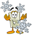 Clip Art Graphic of a White Electrical Light Switch Cartoon Character With Three Snowflakes in Winter