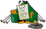 Clip Art Graphic of a White Electrical Light Switch Cartoon Character Camping With a Tent and Fire