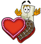 Clip Art Graphic of a White Electrical Light Switch Cartoon Character With an Open Box of Valentines Day Chocolate Candies