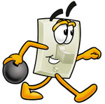 Clip Art Graphic of a White Electrical Light Switch Cartoon Character Holding a Bowling Ball