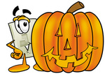 Clip Art Graphic of a White Electrical Light Switch Cartoon Character With a Carved Halloween Pumpkin