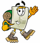 Clip Art Graphic of a White Electrical Light Switch Cartoon Character Hiking and Carrying a Backpack