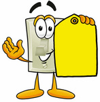 Clip Art Graphic of a White Electrical Light Switch Cartoon Character Holding a Yellow Sales Price Tag