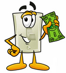 Clip Art Graphic of a White Electrical Light Switch Cartoon Character Holding a Dollar Bill
