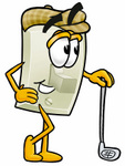 Clip Art Graphic of a White Electrical Light Switch Cartoon Character Leaning on a Golf Club While Golfing