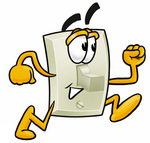 Clip Art Graphic of a White Electrical Light Switch Cartoon Character Running
