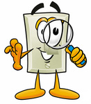 Clip Art Graphic of a White Electrical Light Switch Cartoon Character Looking Through a Magnifying Glass