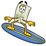 Clip Art Graphic of a White Electrical Light Switch Cartoon Character Surfing on a Blue and Yellow Surfboard